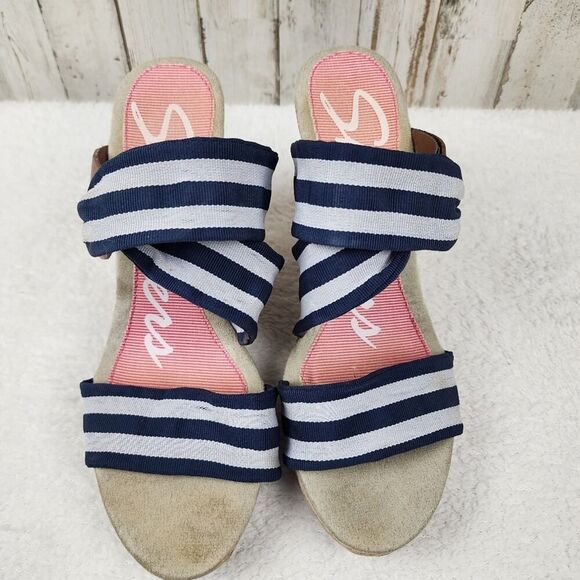 Skechers Wedge Sandals Navy Blue Striped Size 9 - Picture 10 of 10